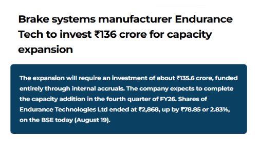 Brake systems manufacturer Endurance Tech to invest ₹136 crore for capacity expansion