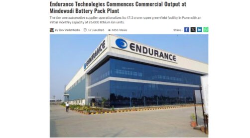 Endurance Technologies Commences Commercial Output at Mindewadi Battery Pack Plant